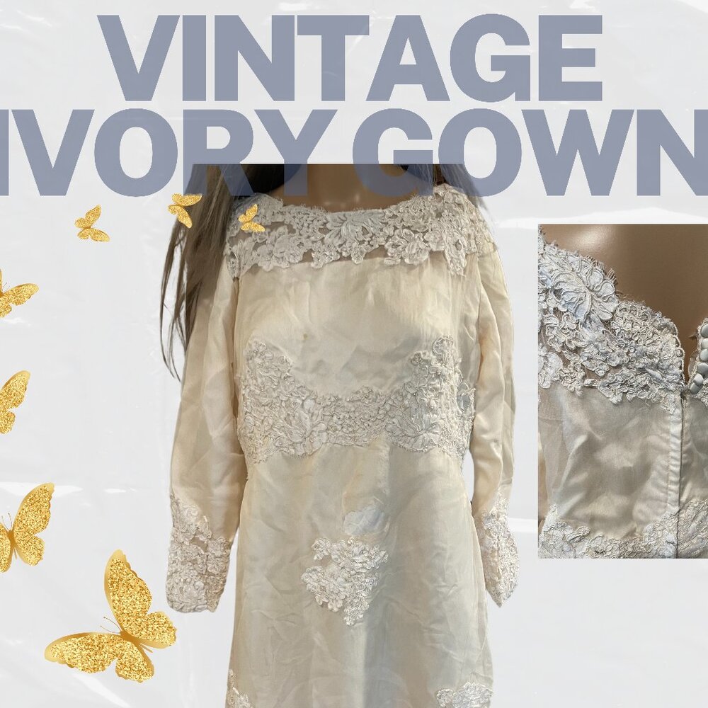 🤍 VICTORIAN IVORY LACE APPLIQUÉ WEDDING DRESS 🤍 1960s • Distressed •